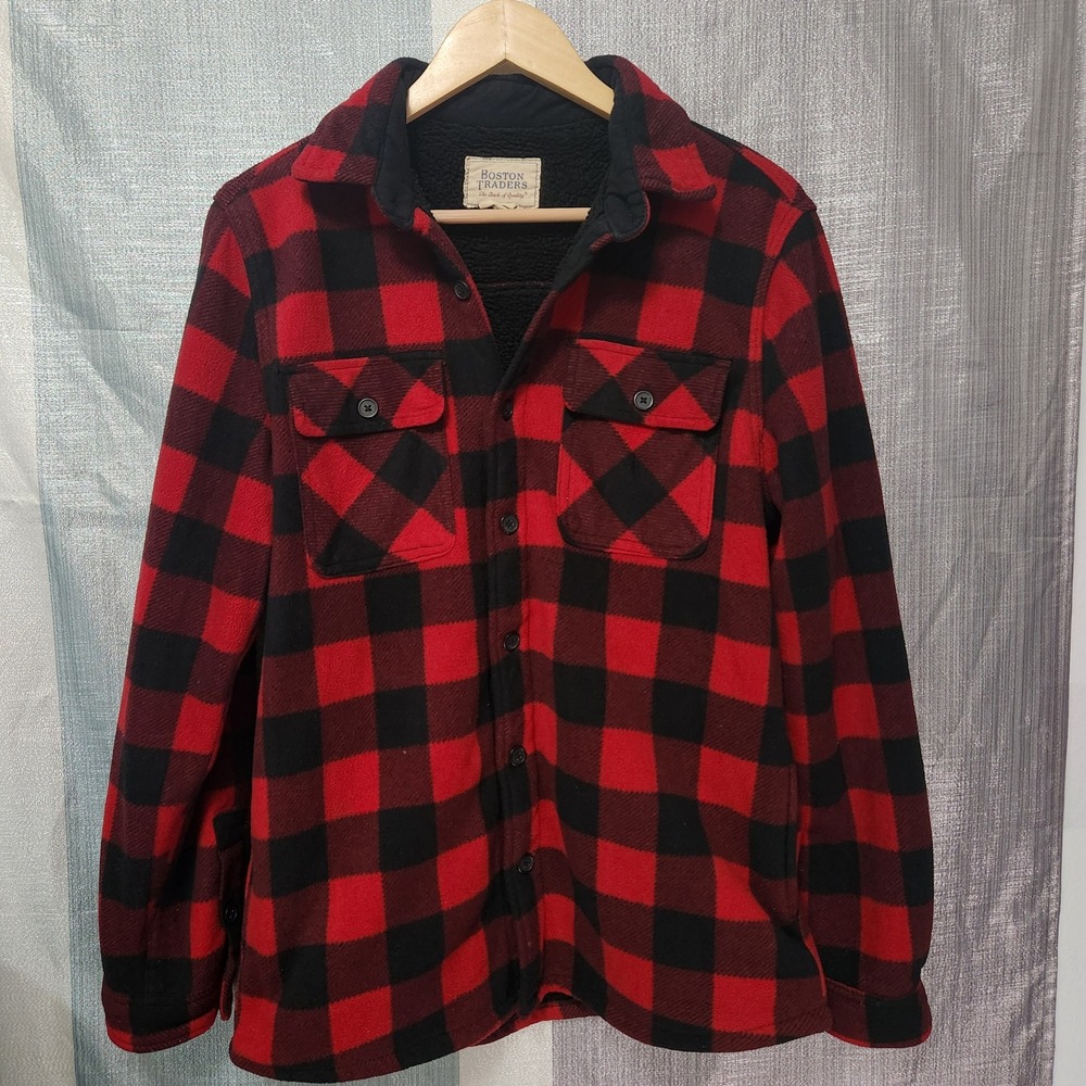 Boston Traders Sherpa Lined Mens Red Black Buffalo Plaid Fleece Shacket M Cabin